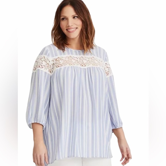 Torrid Womens Blue & White Stripe Gauze Blouse Size 3 Crochet Trim 3/4 Sleeves - Picture 1 of 8
